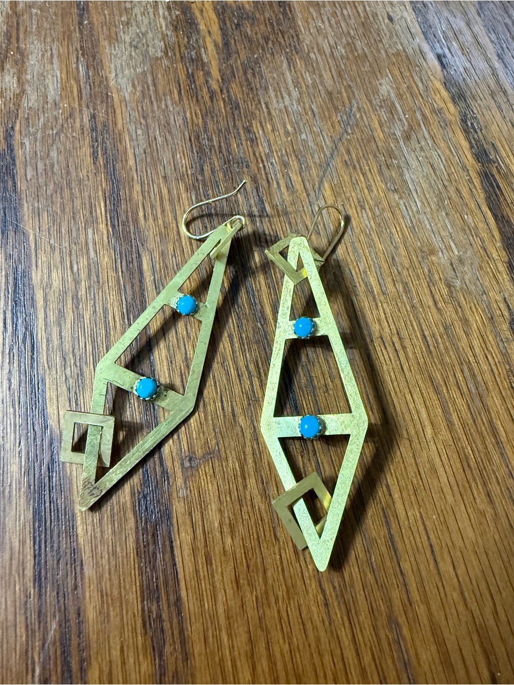 Gold-Tone Geometric Drop Earrings with Turquoise Accents